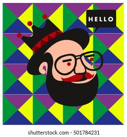 Hipster men head say hello illustration. Poster and design template for barbershop