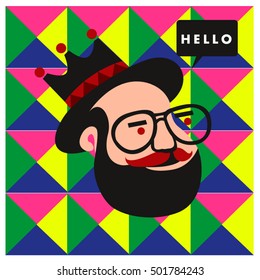 Hipster men head say hello illustration. Poster and design template for barbershop