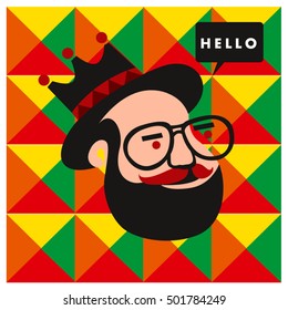 Hipster men head say hello illustration. Poster and design template for barbershop