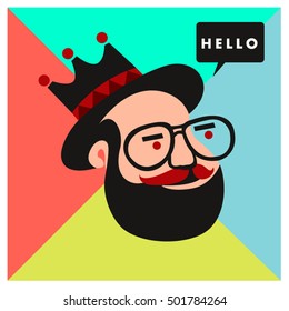 Hipster men head say hello illustration. Poster and design template for barbershop