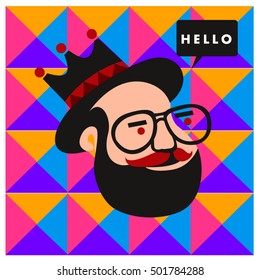 Hipster men head say hello illustration. Poster and design template for barbershop