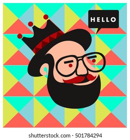 Hipster men head say hello illustration. Poster and design template for barbershop