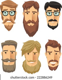 Hipster men wearing cool beard styles. Vector illustration cartoon.