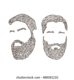 Hipster mens hairstyles, beards and mustaches. Digital hand drawn vector illustration for barber shop. Bearded mans.