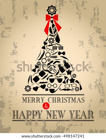 Hipster Merry Christmas And Happy New Year Greeting Card Design With A Tree On Old Hipster Merry Christmas And Happy New Year Greeting Card Design With A Tree On Old
