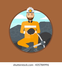 A hipster miner with the beard sitting with coal in the hands. Miner with a pickaxe at coal mine. Miner working at coal mine. Vector flat design illustration in the circle isolated on background.