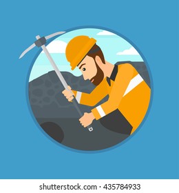 A hipster miner with the beard working with a pickaxe. Mine worker in hard hat. Miner at the coal mine. Vector flat design illustration in the circle isolated on background.