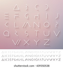 Hipster minimal slim alphabet typeface vector. Thin line futuristic font. English symbols set. Elegant typeset eps. Linear geometric latin letters. Light, medium and hard typefaces.