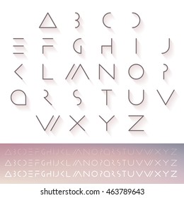Hipster minimal slim alphabet typeface vector. Thin line futuristic font. English symbols set. Elegant typeset eps. Linear geometric latin letters. Light, medium and hard typefaces.