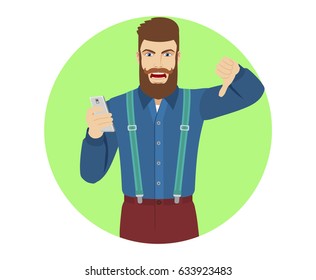Hipster with mobile phone showing thumb down gesture as rejection symbol. Portrait of hipster character in a flat style. Vector illustration.