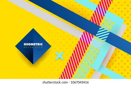 Hipster modern geometric abstract background. Bright yellow banner with blue stripes stripes, textured background. Business template. Geometric yellow background with dots