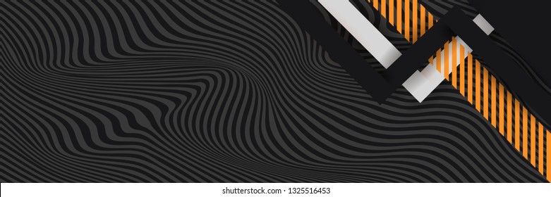 Hipster modern geometric abstract background. Bright black banner with a trend orange stripes, textured background. Business template for a bright color. Illusion stripes background. Large banner sale