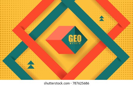 Hipster modern geometric abstract background. Bright yellow banner with red and green stripes, textured background. Business template for a bright color. Realistic stripes background.
