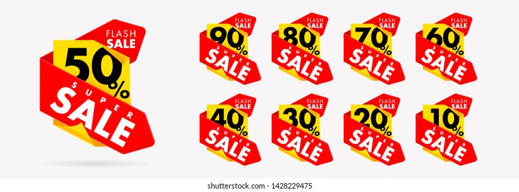 Hipster modern Geometric Bright Mega Sale tags set vector modern gradient Red and yellow Special offer, big sale, discount, best price, mega sale banner set, up to 90 50 60% off. Black Friday Sales