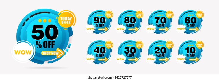 Hipster modern Geometric Bright Mega Sale tags set vector modern gradient blue and yellow badges template for Super Sale special offer banner, up to 90 50 30 60% off. Sale banner modern template 