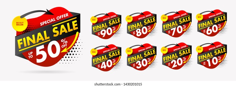 Hipster modern Geometric Bright Mega Sale tags set vector modern gradient Red and yellow badges template for Super Sale special offer banner, up to 90% off. Special offer final sale banner