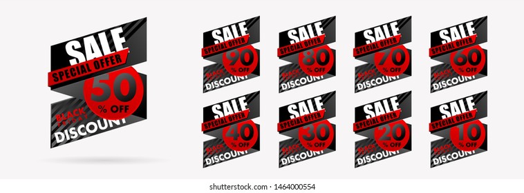 Hipster modern Geometric Bright Mega Sale tags set vector modern gradient Red and black badges template for Super Sale special offer banner, up to 90% off. Black Friday Sales Tag and Discount Banner.