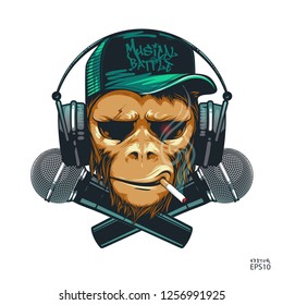 Hipster monkey is a music lover with earphones and two microphones. Musical battle