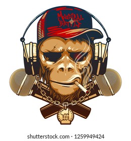 Hipster monkey is a music lover with earphones and two microphones. Musical battle