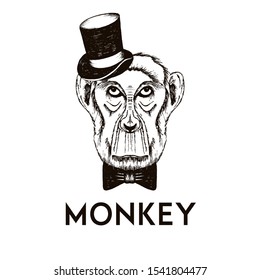 Hipster Monkey Muzzle Wearing Top Hat and Bowtie Vector Hand Drawn Illustration. Artistic Black and White Animal Design