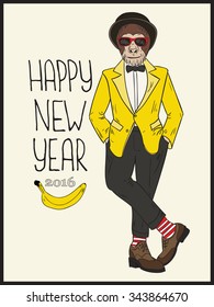 Hipster monkey. Vector hand drawn illustration. Colorful card with Happy New Year 2016 lettering.
