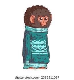 Hipster monkey, vector illustration. A calm anthropomorphic fennec, fashionably dressed in a long sweatshirt. Humanized city monkey. Animal character with human body