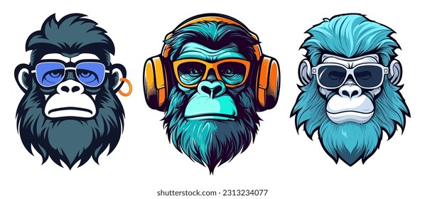 Hipster monkeys with headphones and sunglasses, colorful vector illustration set.