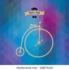 Hipster mono-cycle. Geometric Triangle background, vector illustration. Retro Hipster label design. Color flow effect. Hipster theme label. Mustache, ribbon, bicycle, retro vintage cycle
