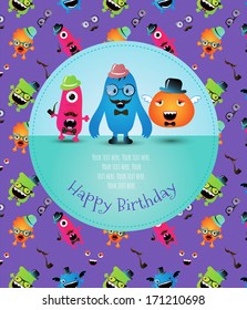 Hipster Monster Happy Birthday Card. Vector Illustration