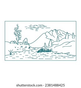 Hipster Mountain Hill with Lake River Creek Swamp Landscape View Line Outline Style Illustration Vector