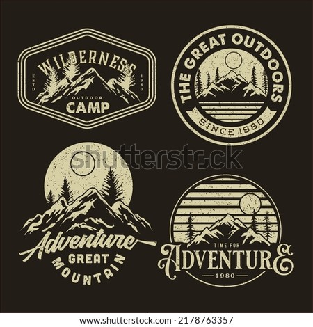 hipster mountain rustic badge design for t-shirt. set collection of vintage adventure badge. Camping emblem logo with mountain illustration in retro style isolated on black background 