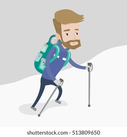 A Hipster Mountaneer With The Beard Climbing A Snowy Ridge. Young Hiker Climbing A Mountain. Mountaineer With Backpack Walking Up Along A Snowy Ridge. Vector Flat Design Illustration. Square Layout.