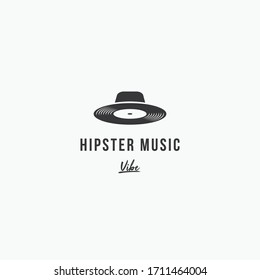 Hipster music logo icon sign. Black disc with classic hipster hat creative combination vector illustration