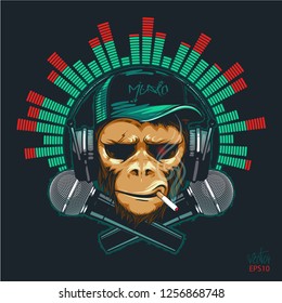 Hipster music lover monkey with headphones and two microphones. DJ chimpanzee