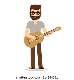 Hipster Musician With Beard And Glasses Playing Acoustic Guitar.  Indie Music Guitarist In Cute Flat Cartoon Style. 