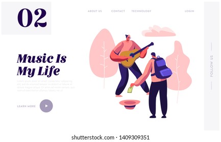 Hipster Musician Perform Show on Street Playing Guitar for Pedestrians in Park, Passerby Put Money in Hat, Musical Performance. Website Landing Page, Web Page. Cartoon Flat Vector Illustration, Banner