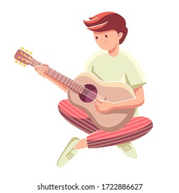 Hipster musician playing acoustic guitar. Indie music guitarist in cute flat cartoon style. Isolated young man with guitar sitting on the floor. Vector illustration with white background. 