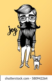 Hipster with mustache, beard and dog. Hand-Drawn Doodle. Vector Illustration - stock vector. Hand drawn cartoon character. Bearded man with French Bulldog