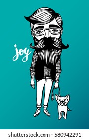 Hipster with mustache, beard and dog. Hand-Drawn Doodle. Vector Illustration - stock vector. Hand drawn cartoon character. Bearded man with French Bulldog