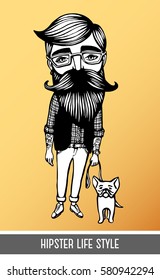 Hipster with mustache, beard and dog. Hand-Drawn Doodle. Vector Illustration - stock vector. Hand drawn cartoon character. Bearded man with French Bulldog