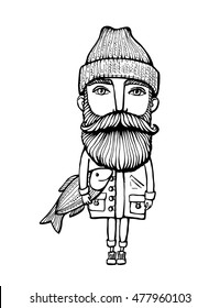 Hipster with mustache, beard and fish. Hand-Drawn Doodle. Vector Illustration - stock vector. Hand drawn cartoon character. Bearded man.