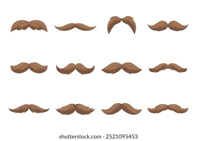 Bigote Hipster. Conjunto de decoración de fiesta de caricatura. Bigote clásico, símbolo del Día del Padre. Icono de bigote de Italia, Ilustración vectorial