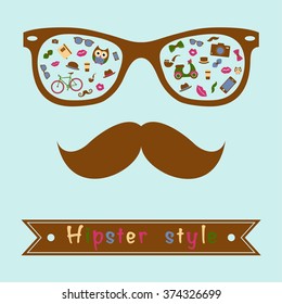 Hipster Mustache and Glasses with Hipster Style Icon Set inside.