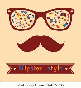 Hipster Mustache and Glasses with Hipster Style Icon Set inside.