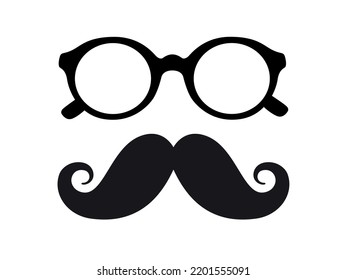 Icono Hipster Mustache y Gafas retro. Silhouette vintage de un símbolo de fiesta, vacaciones con fondo blanco. 
Ilustración vectorial de un accesorio masculino.
