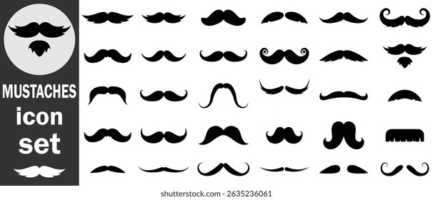 Hipster mustache icon vector set. Black silhouette mustache icon vector. Different mustache collection. Mustache sign vector illustration.