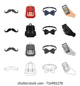 Hipster mustache, stylish backpack, bow tie, mobile phone in hand. Hipster style set collection icons in cartoon black monochrome outline style vector symbol stock illustration web.