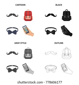 Hipster mustache, stylish backpack, bow tie, mobile phone in hand. Hipster style set collection icons in cartoon black monochrome outline style vector symbol stock illustration web.