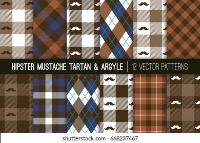 Hipster Mustache Tartan Plaid and Argyle Vector Patterns in Shades of Brown, Taupe and Navy Blue. Barbershop Style. Humorous Father's Day Backgrounds. Pattern Tile Swatches Included.