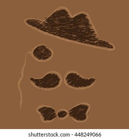 Hipster with mustache, top hat, bow tie and glasses on brown background.